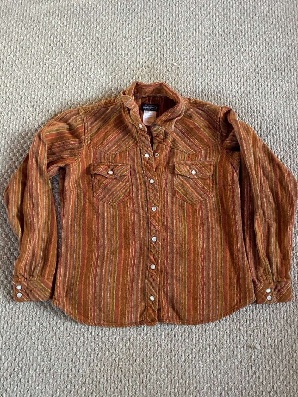 Patagonia Small Women Orange Striped Organic Cotton Western Snap Shirt Gorpcore